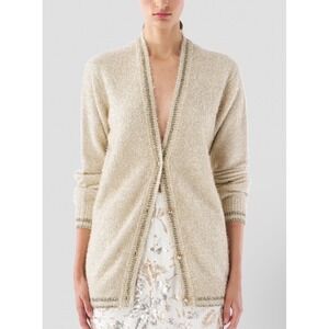 Le Superbe Celestial Gold Cashmere Blend Crystal Button Cardigan Sweater M